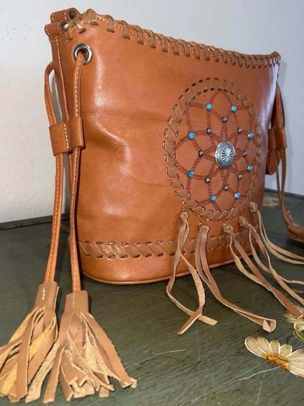 Handcrafted Brown Leather Dreamcatcher Fridge Shoulder Bag with Turquoise Accent